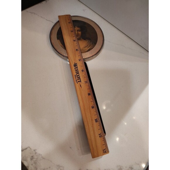 Vintage Handheld Portrait Lid Vanity Mirror with Wooden Handle Woman Portrait - Picture 13 of 13